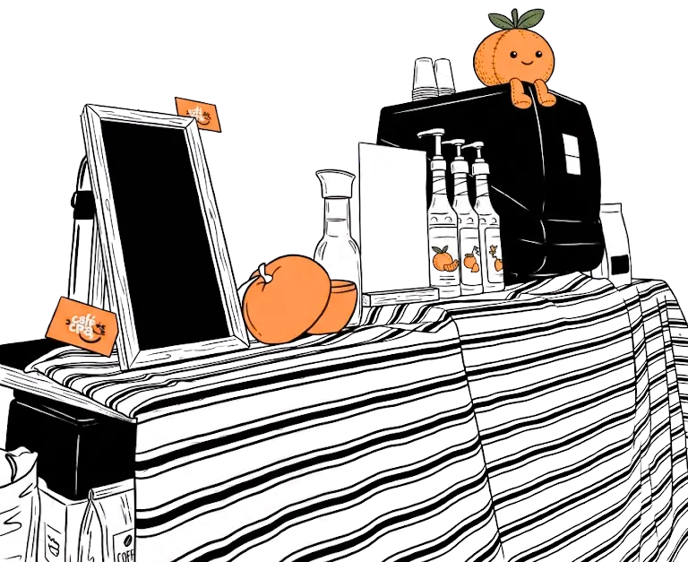 Illustration du bar mobile Café Clem : machine à espresso, sirops, ardoise menu